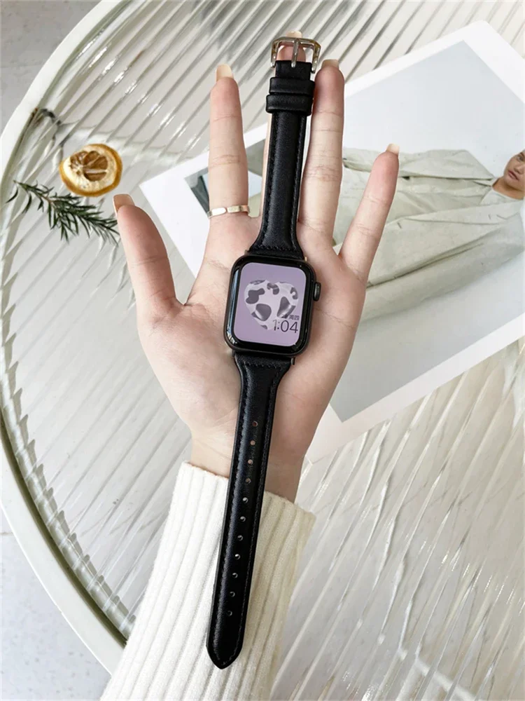 애플 워치 밴드용 가죽 스트랩, 슬림 손목 밴드 팔찌, iwatch 시리즈 8 울트라 7 6 5 4 se, 44mm, 40mm, 41mm, 38mm, 45 mm 