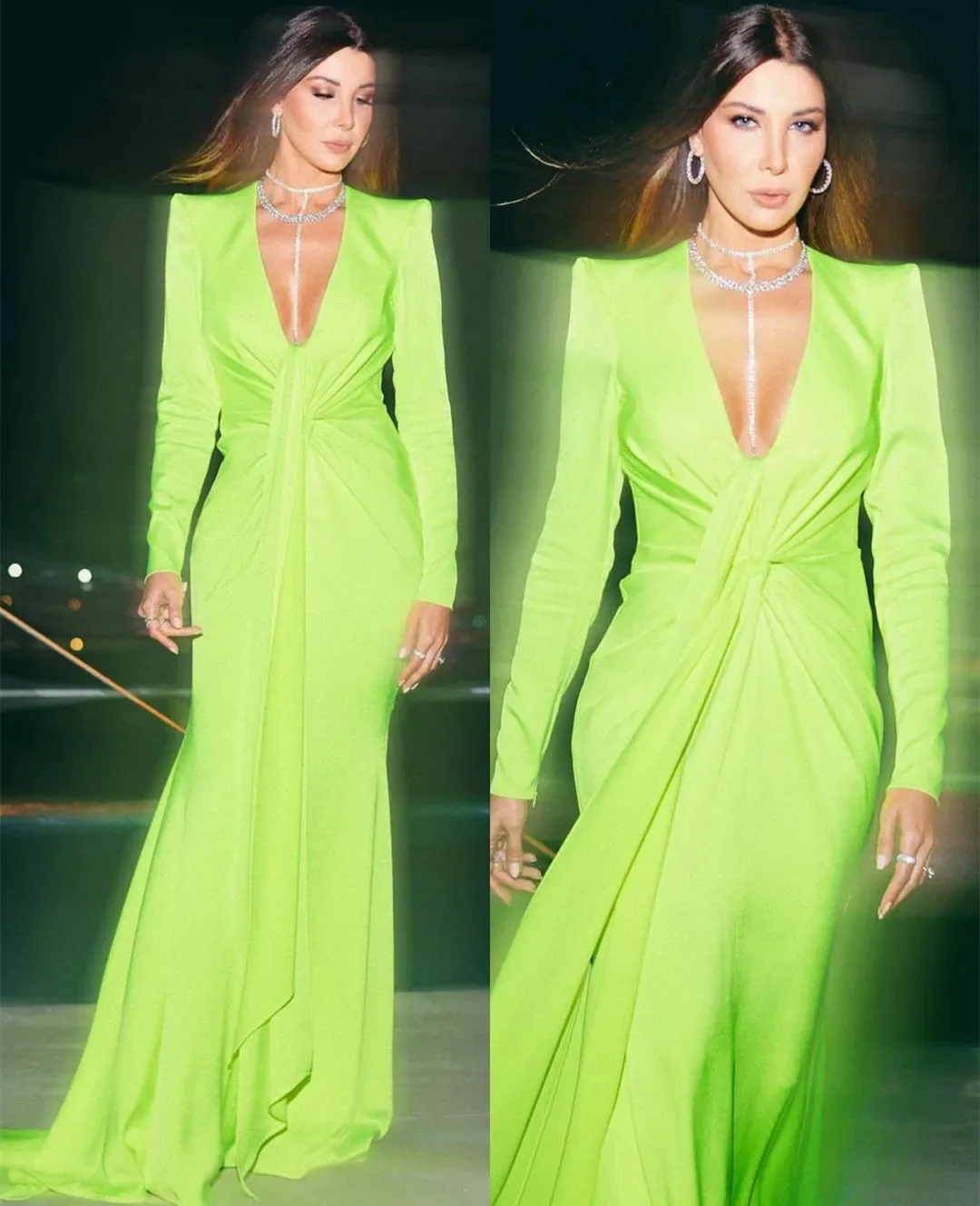 Classy Long V-Neck Green Satin Evening Dresses With Sleeves فساتين السهرة Sheath Small Train Prom Dress Robe de soirée for Women