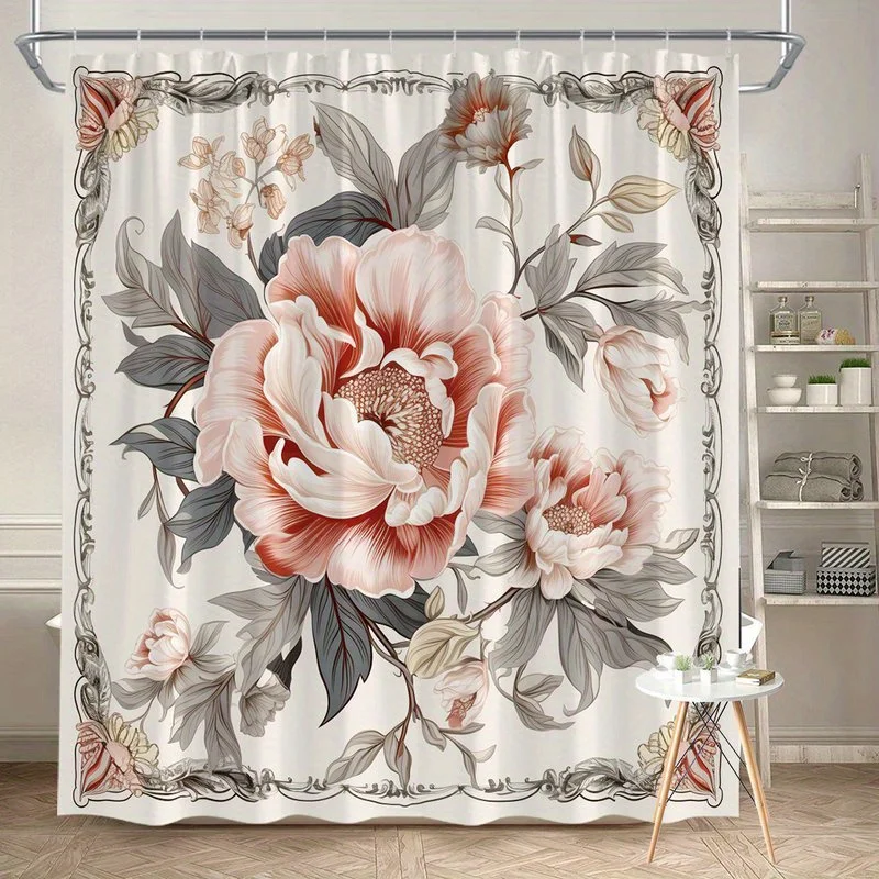 

1 шт., винтажная занавеска для душа с цветочным узором пиона, полиэфирная ткань, можно стирать в машине, подходит для украшения ванной комнаты