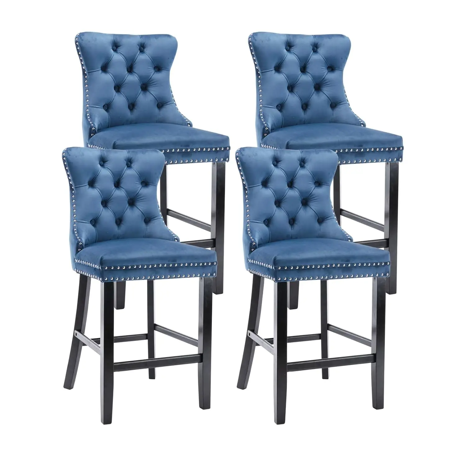 

Набор из 4 синих барных стульев из бархата с обивкой на спинке, декоративными заклепками и ножками из массива дерева, 26,3 дюйма, на заказ