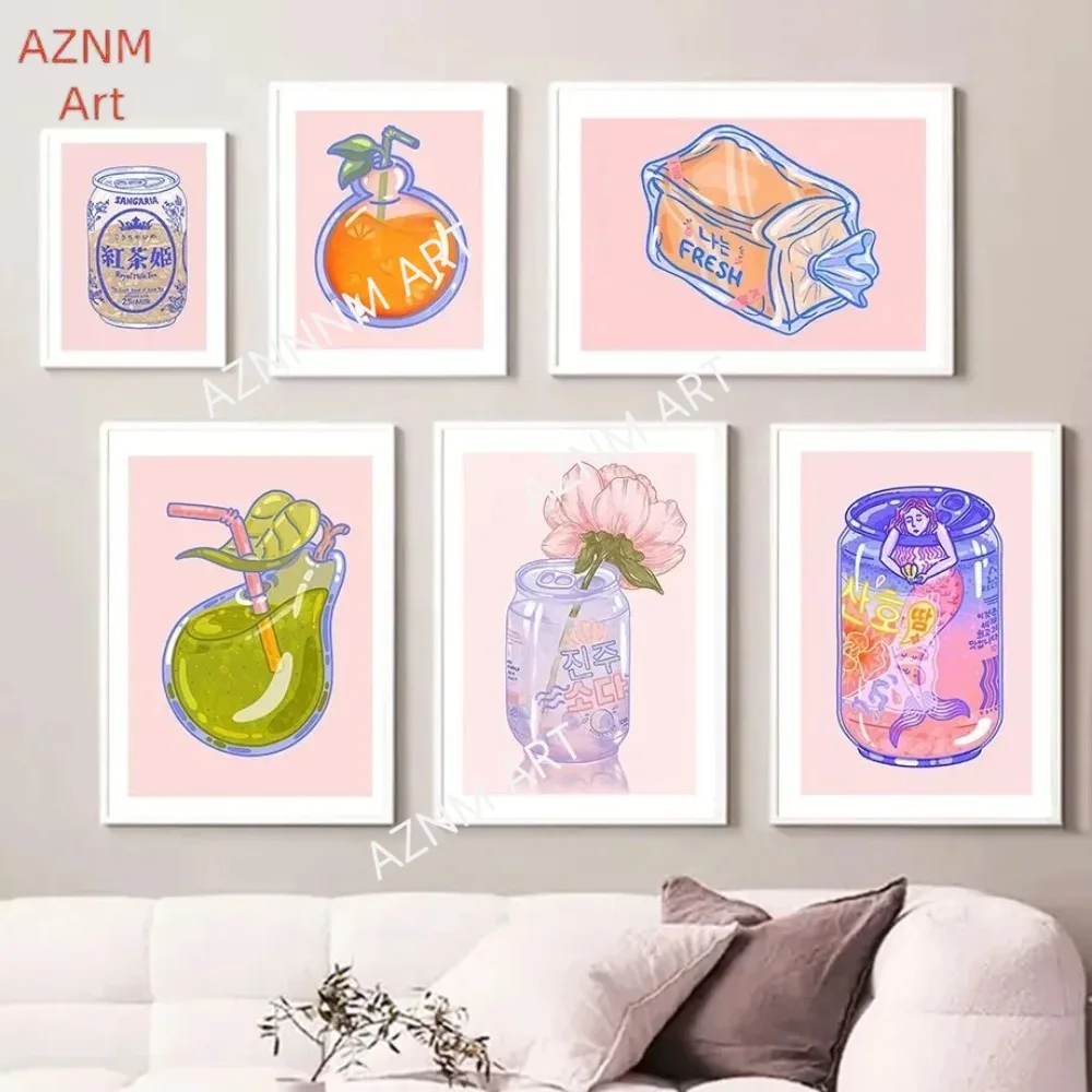 Cartoon Bubble Tea Soda Getränke Fruchtsaft Wandkunst Leinwanddruck Nordische Poster Ästhetische Küchen- und Raumdekoration