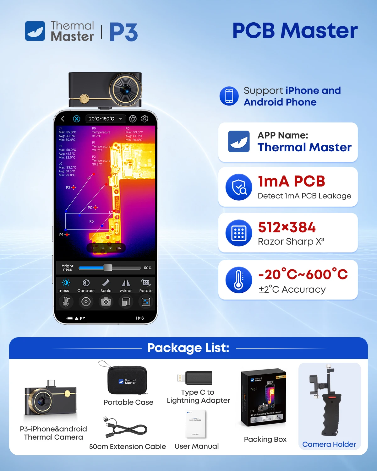 512x384 Ultra Clear Thermal Master P3 voor iPhone & Android, infraroodcamera voor PCB- & HVAC-inspectie, PCB Master