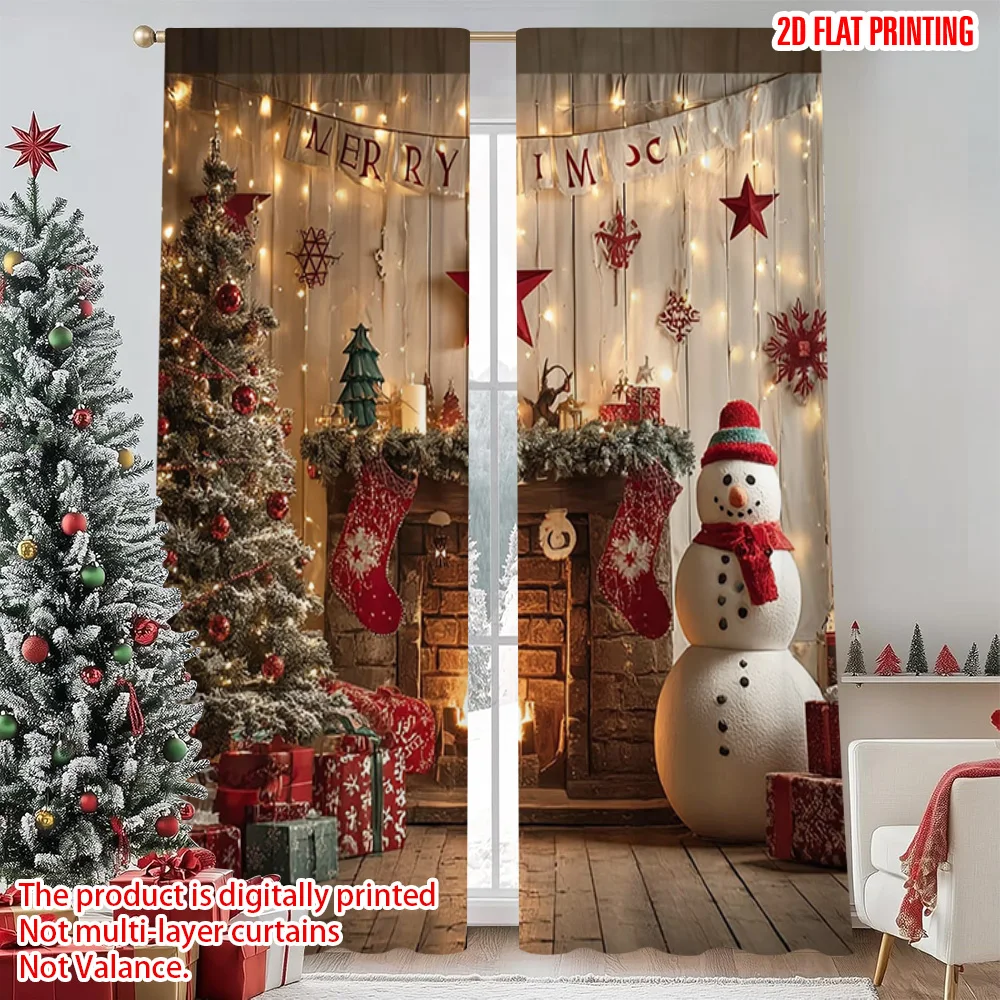 

2pcs 2D flat printing Christmas Curtains Snowman fireplace Versatile 100% Polyester Without Electricity Spring for gold wall