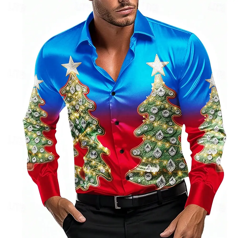 2025 عيد الميلاد الرجال شجرة عيد الميلاد التدرج اللون قميص طويل الأكمام أزياء عارضة حزب عطلة الصيف الربيع الخريف