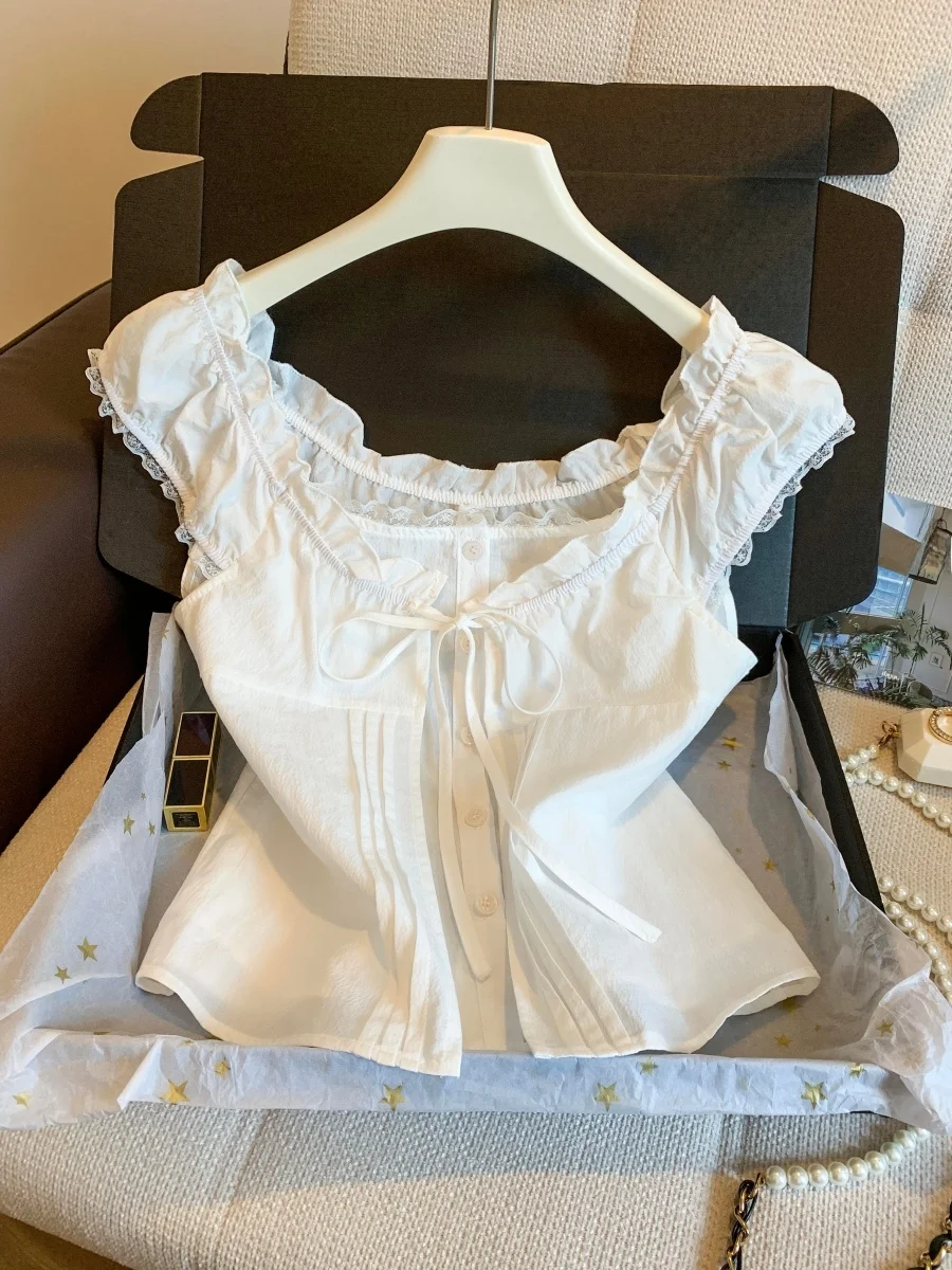 

White Fake Two-Piece Shirt Women's Summer 2026 New Style Wooden Trim Youthful Fashionable Cute Small Shirt Cotton Blend