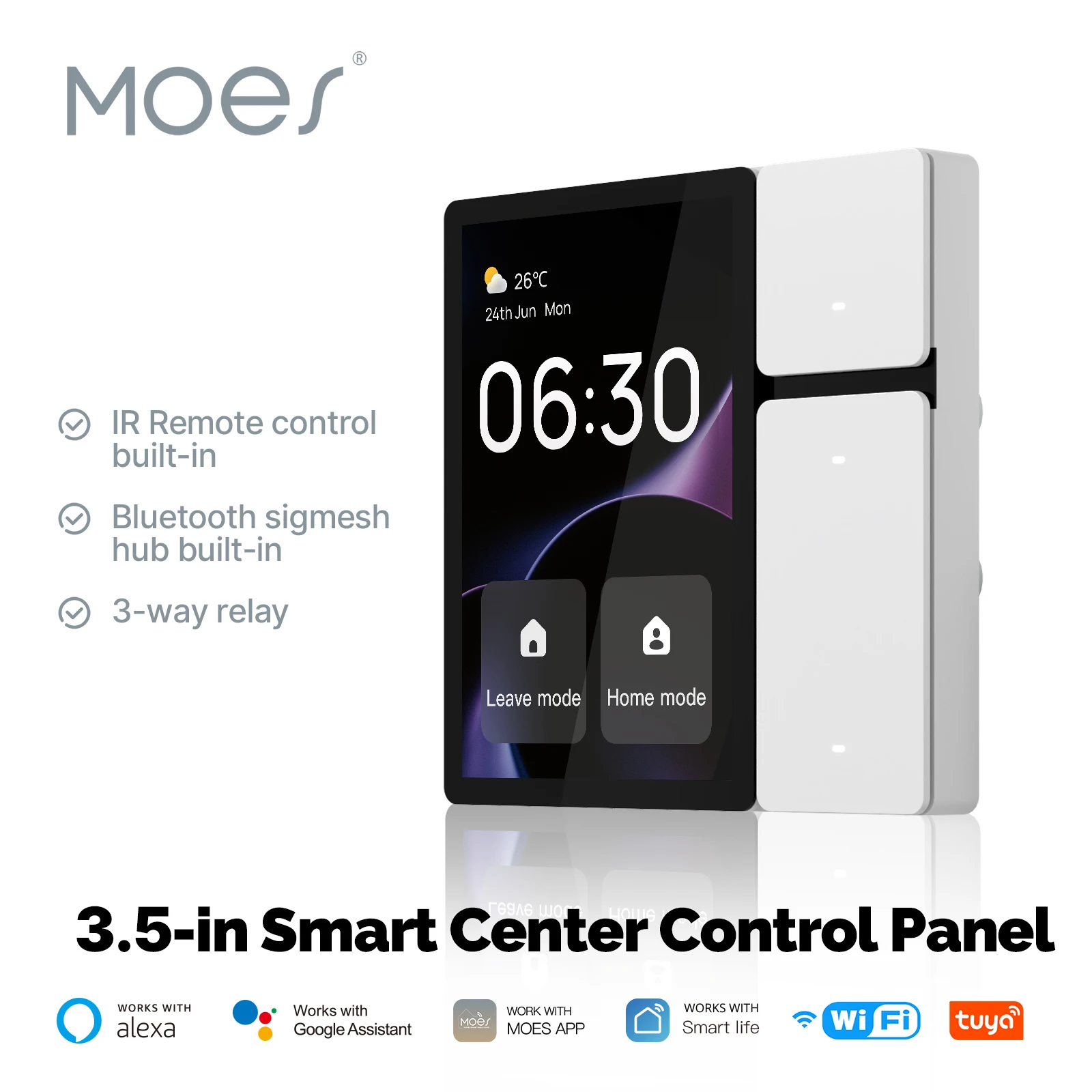 MOES Tuya WiFi 3,5-inch Smart Control Panel-scherm 3 relais 3 fysieke knoppen IR-afstandsbediening Bluetooth Sigmesh Hub Ingebouwd