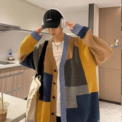 Korean Trendy Men's 2024 New Patchwork V-neck Button Contrast Color Fashion Loose and Versatile Long Sleeved Knitted Sweaters