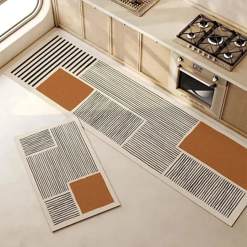 VIKAMA Warm Brown Geometric Spliced Kitchen Carpet Set Minimalist Wavy & Linear Pattern Wear Resistant Easy Clean Runner Mats