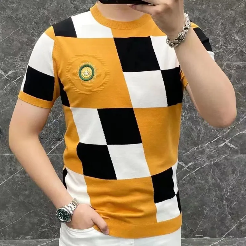 Summer Plaid Contrast Color Stitching Pattern Slim Round Neck Knitting Short Sleeve Tees Quality Knitting Contrasting T-Shirt