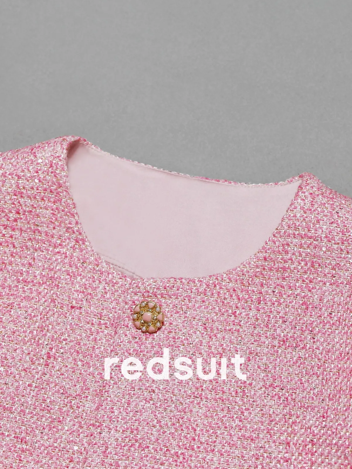 New Exquisite heavy industry pink gold wire sequin woven coarse tweed round neck jacket top   Custom size