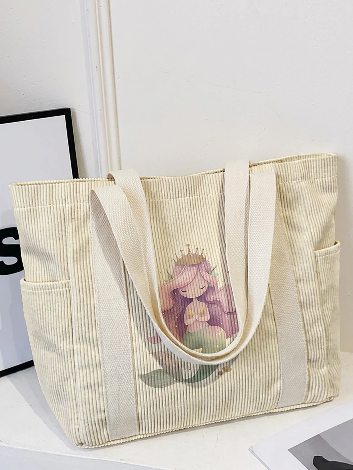 Cute Mermaid Princess Print Corduroy Tote Bag, Large Capacity Multi Pocket Shoulder Bag for School Shopping Daily Use