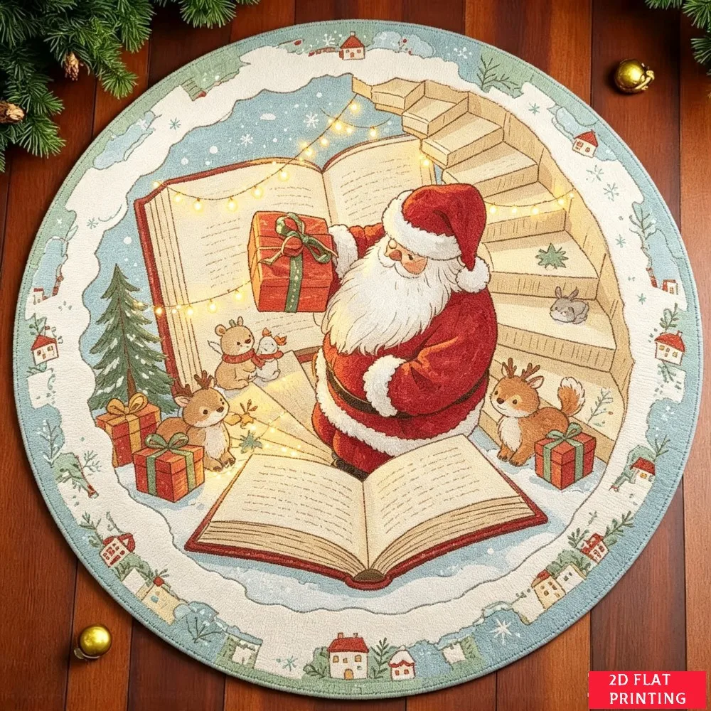 Cozy Santa Claus Library Staircase Reindeer Sleigh Gift Box Round Carpet For Christmas Decor With Warm Holiday Atmosphere Carpet