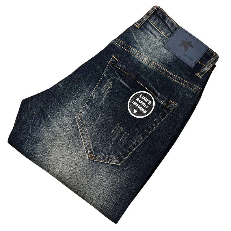 

High end handsome retro nostalgic jeans men's autumn straight tube slim fit trendy brand casual elastic printed long pants