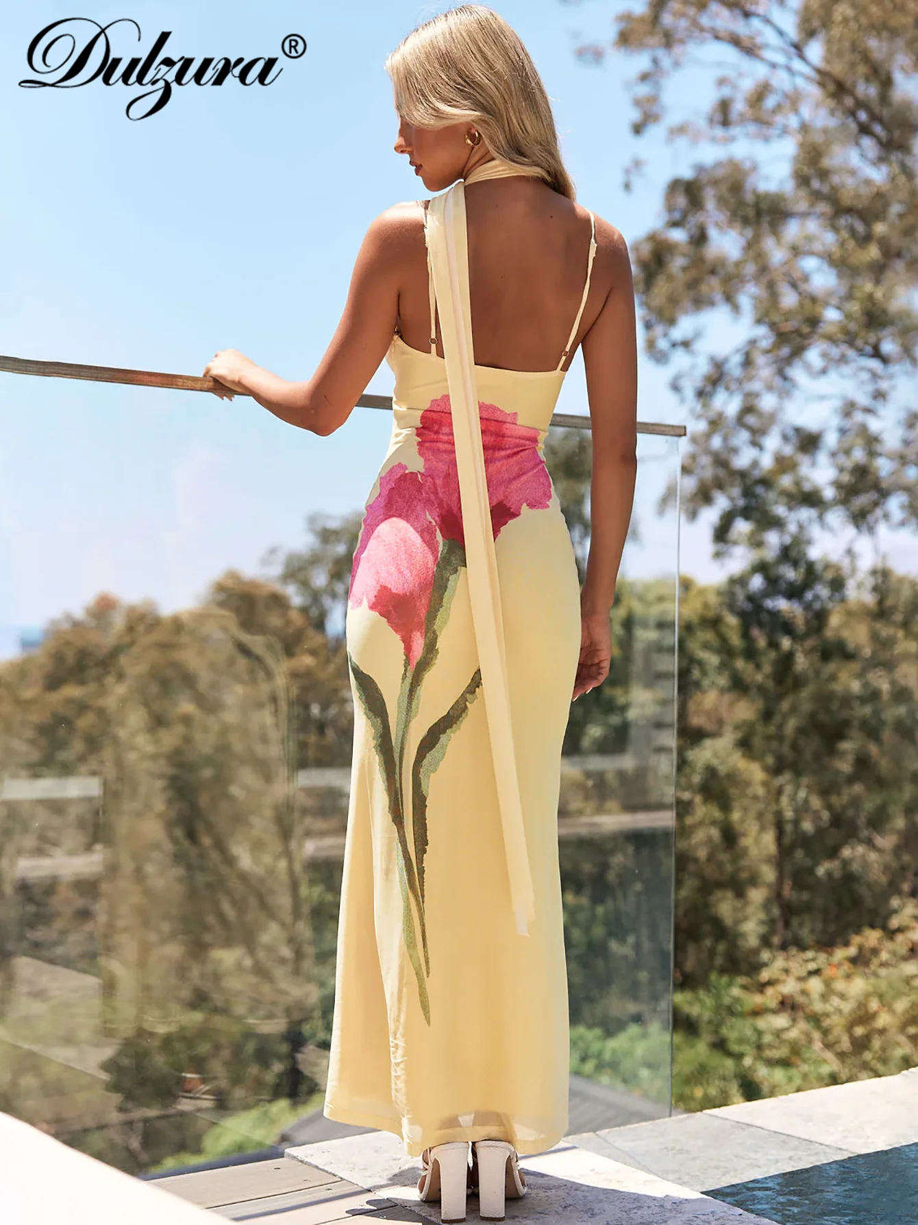 Dulzura Halter senza maniche senza schienale aderente con stampa floreale Cami Maxi abito sexy elegante casual abito lungo Party Club Summer Outfit