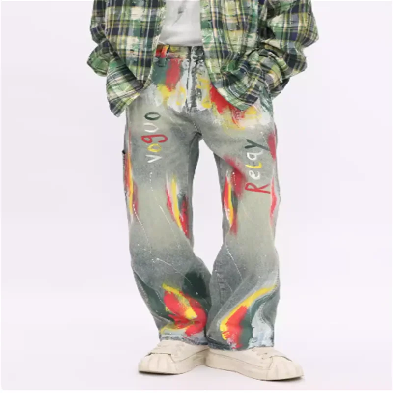 Original personality graffiti do old color spray paint design wide leg pants jeans hipster