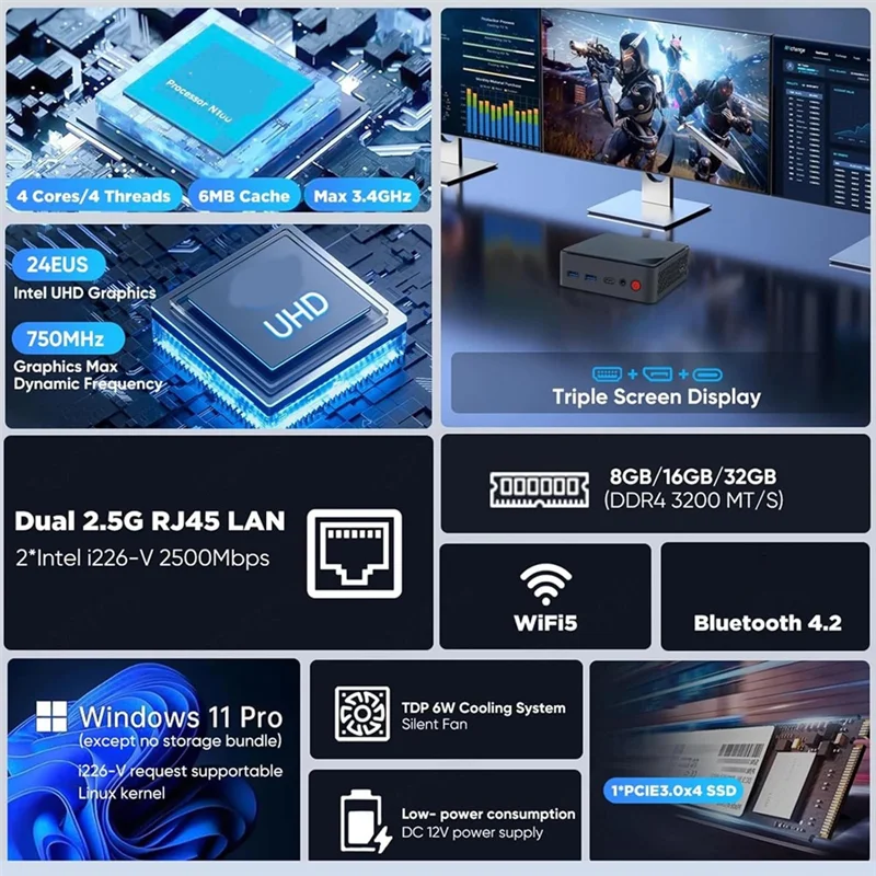 Mini computadora Terminal en la nube 2,5G Red dual Oficina Gaming Host Vice PC pequeña 8+ 128+ Wifi Enchufe de la UE