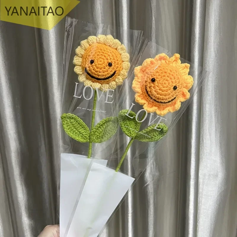 Finished Handmade Wool Crocheted Lovely Smiley Face Sunflower Branch Artificial Flowers Bouquet Gift Home Decoration Accessories