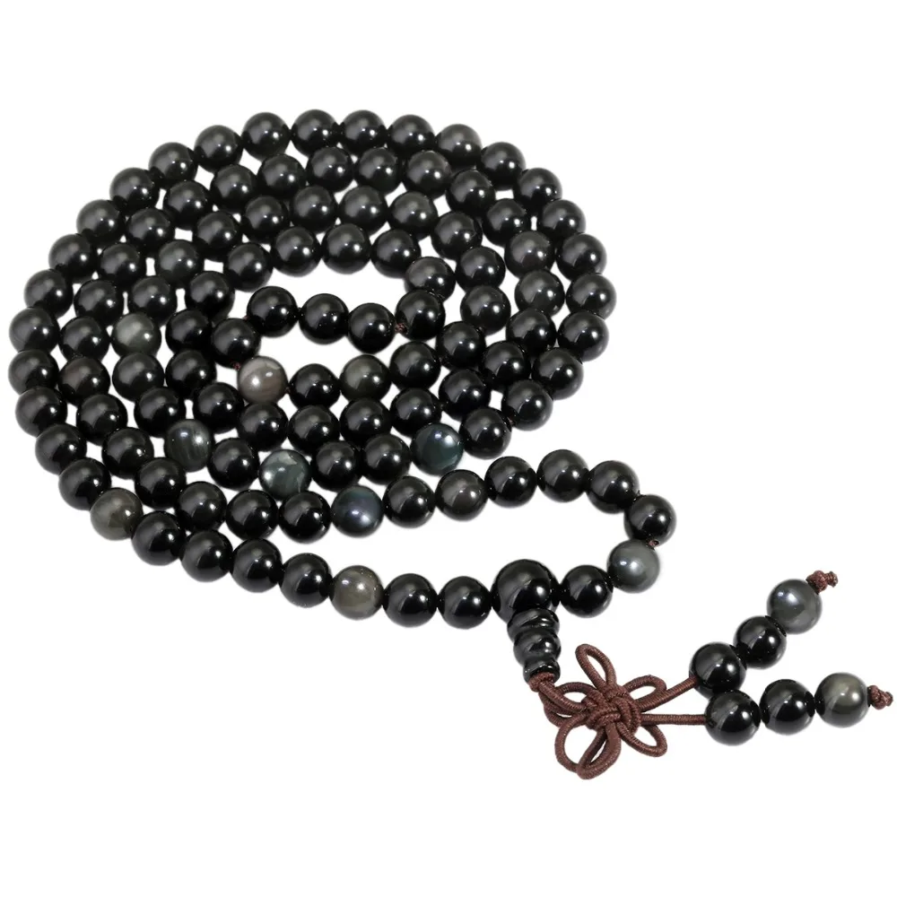 SUNYIK Rainbow Obsidian Charm Bracelet 6mm 108 Mala Beads Prayer Meditation Healing Energy Friendship Jewelry Gift For Women