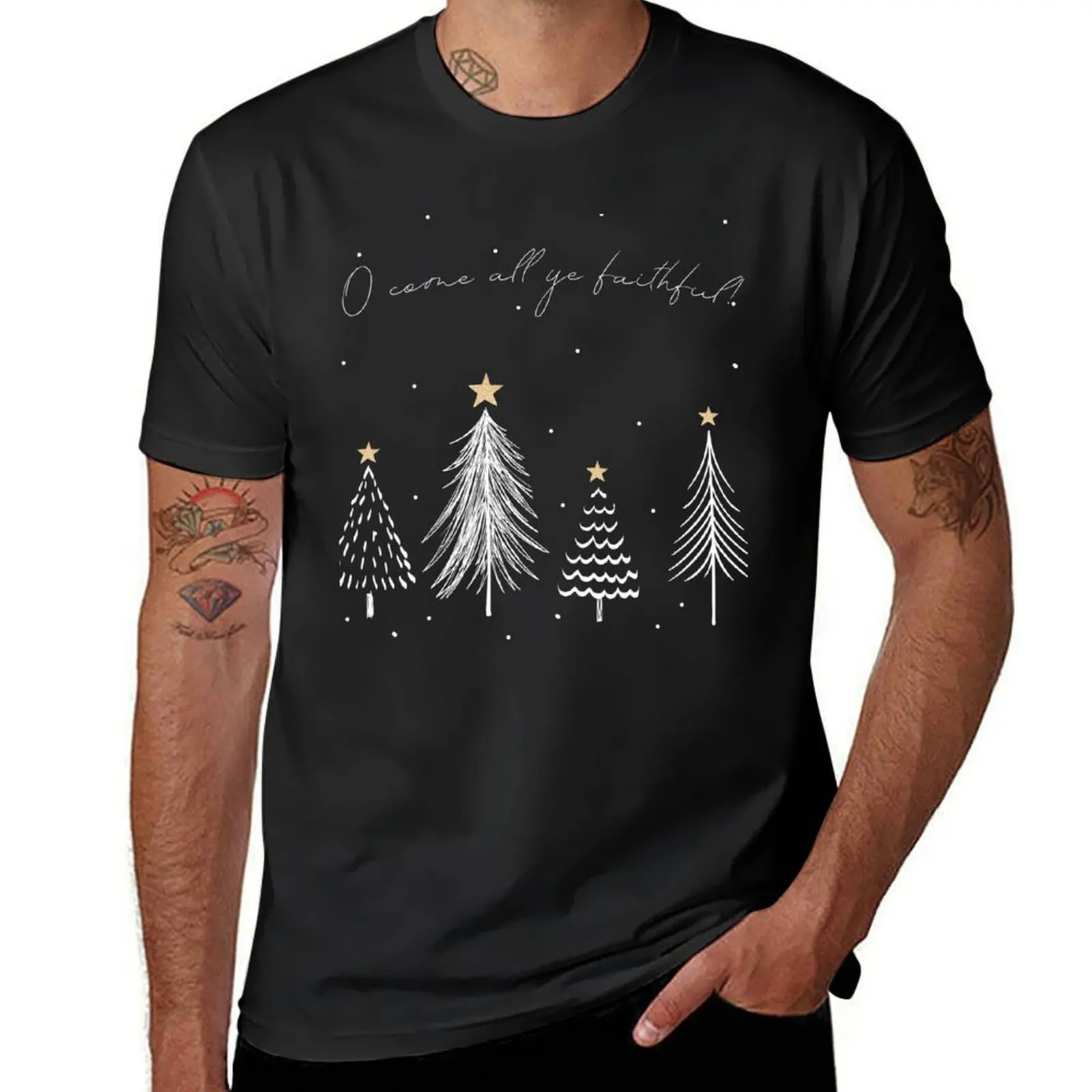 O Come All Ye Faithful - Christmas Trees, Stars Christmas Carol T-Shirt oversizeds customs black t-shirts for men