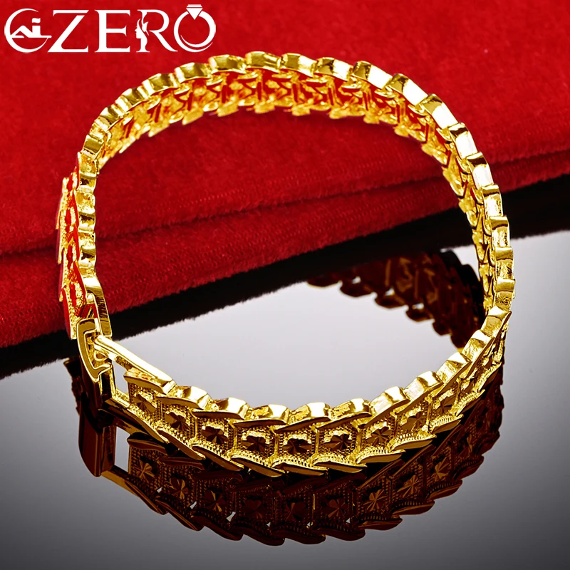 

ALIZERO 18K Gold Bracelet 925 Sterling Silver Wide Wristband Chain For Women Men Fashion Charm Jewelry Wedding Party Accessories