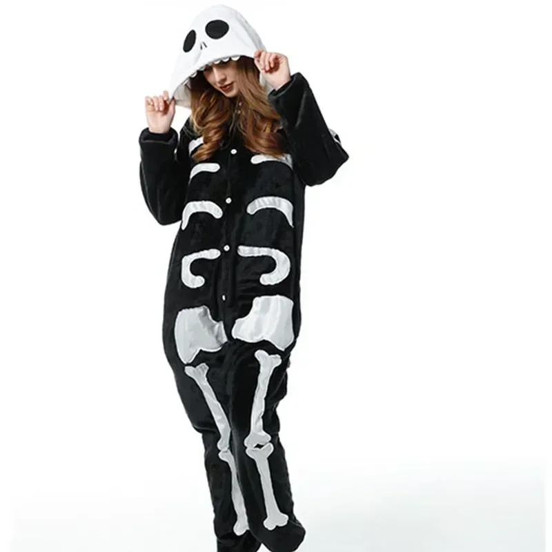 Skeleton Onesie Kigurumi Adult Unisex Pajamas Anime Cosplay Costume Soft Flannel Full Body Couple Sleepwear Homewear