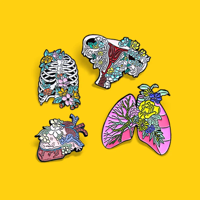 Heart Lung Uterus Sternum Bone Enamel Pin Skeleton skull Lapel Badge Wholesale Jewelry Gift Friends Anatomy Organ Brooches