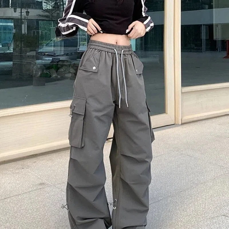 American Women's 2024 Summer Spliced Elasticized High-waisted Pocket Fashion Solid Color Loose Trend Charging Casual Pants