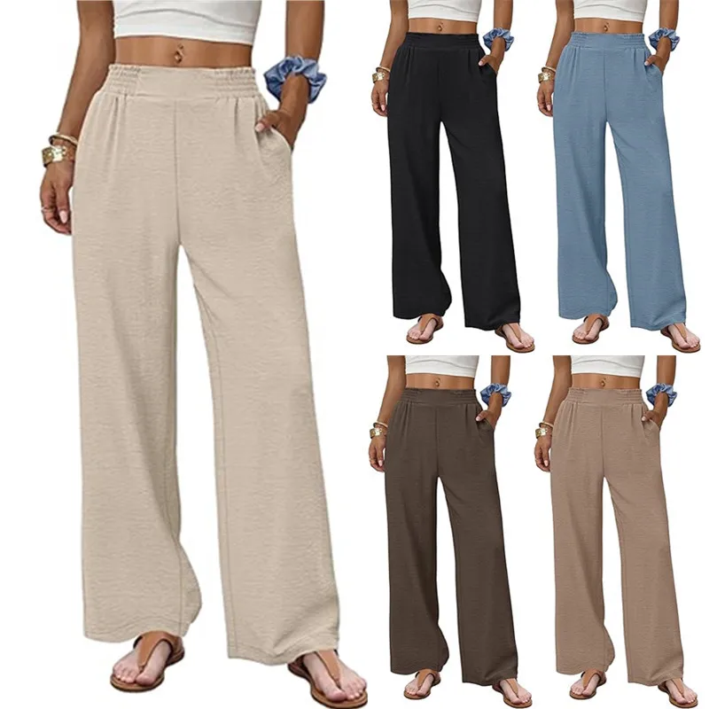 Chic 2026 Women's Fashion Wide Leg Pants High Waist Belt Pocket Solid Color Waist Wrap Loose Casual Pants Trousers Y2K