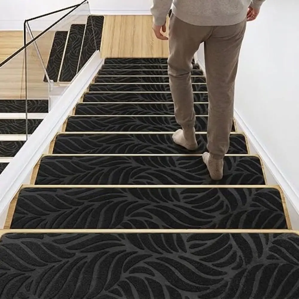 3PCS Self Adhesive Embossed Banana Leaves Staircase Mat Embossed Carpet Washable Stair Tread Carpet Scratch Resistant