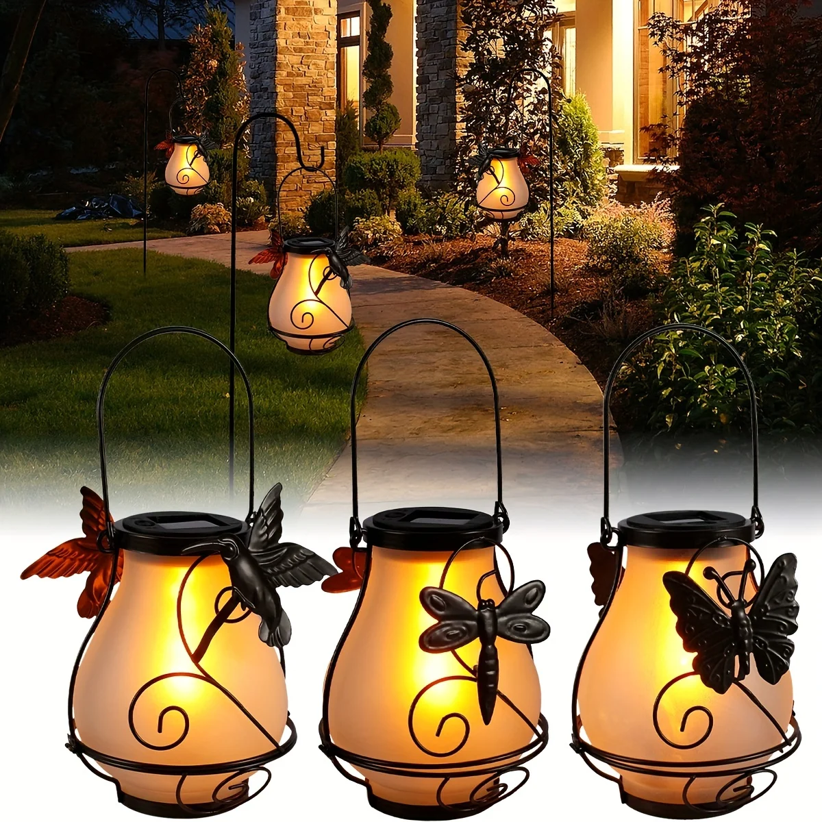 Solar Powered Flame Light, Dragonfly Outdoor Hanging Lamp, Hummingbird Metal, Animal Statue, LED Waterproof Lantern, Butterfly