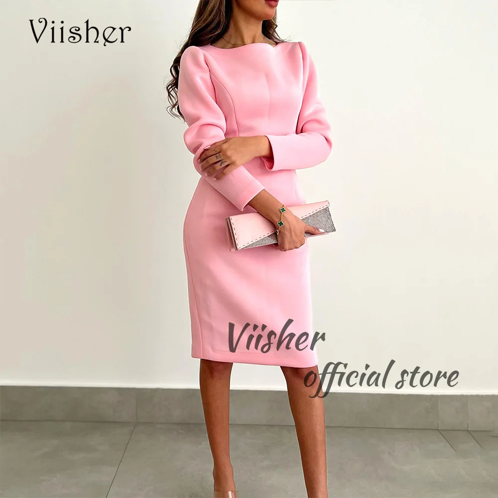 

Viisher Pink Satin Mermaid Evening Dresses for Women Long Sleeve Neck O Neck Arabic Prom Party Dress Tea Length Formal Gowns