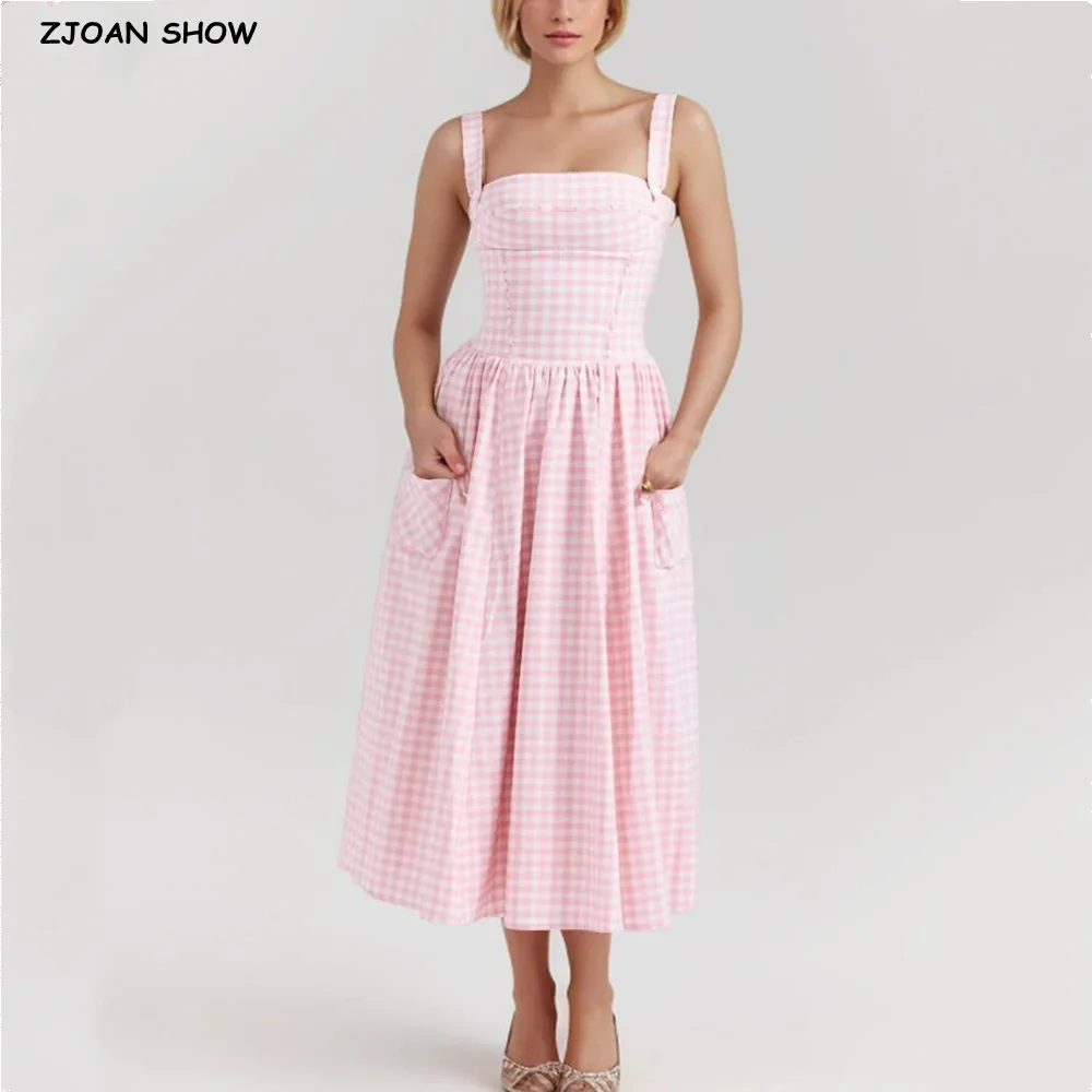 2024 Sweet Pink White Plaid Slash Collar Tank Dress Women Cross Ribbon Eyelet Hole Slim Low Waist Folds A-line Swing Midi Robe