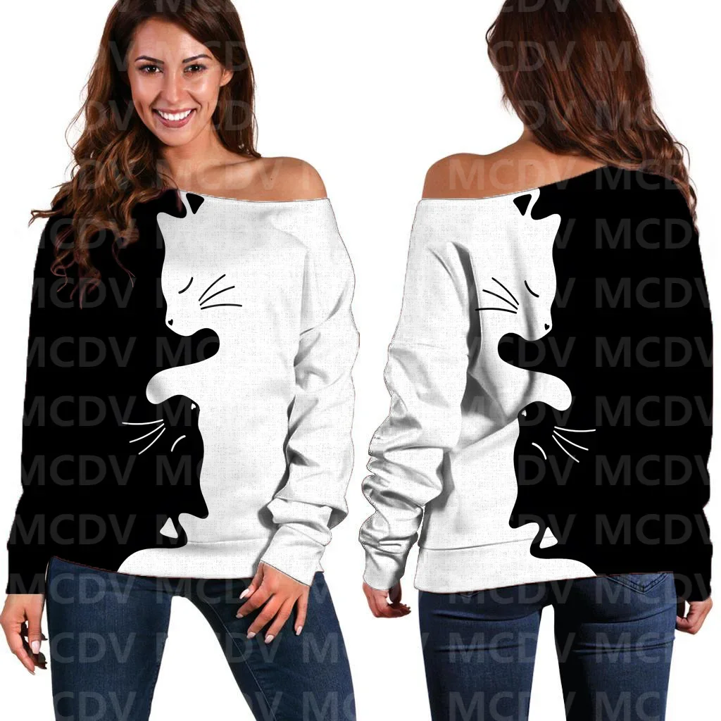 

Women's Off Shoulder Sweater Cat 3D Printed Women Casual Long Sleeve Sweater Pullover