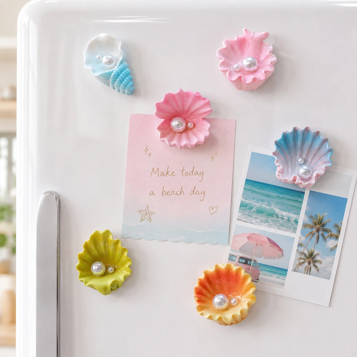 Seashell Pearl Resin Fridge Magnets,Macaron Conch Scallop Ocean Beach Refrigerator Decor Magnetic Stickers