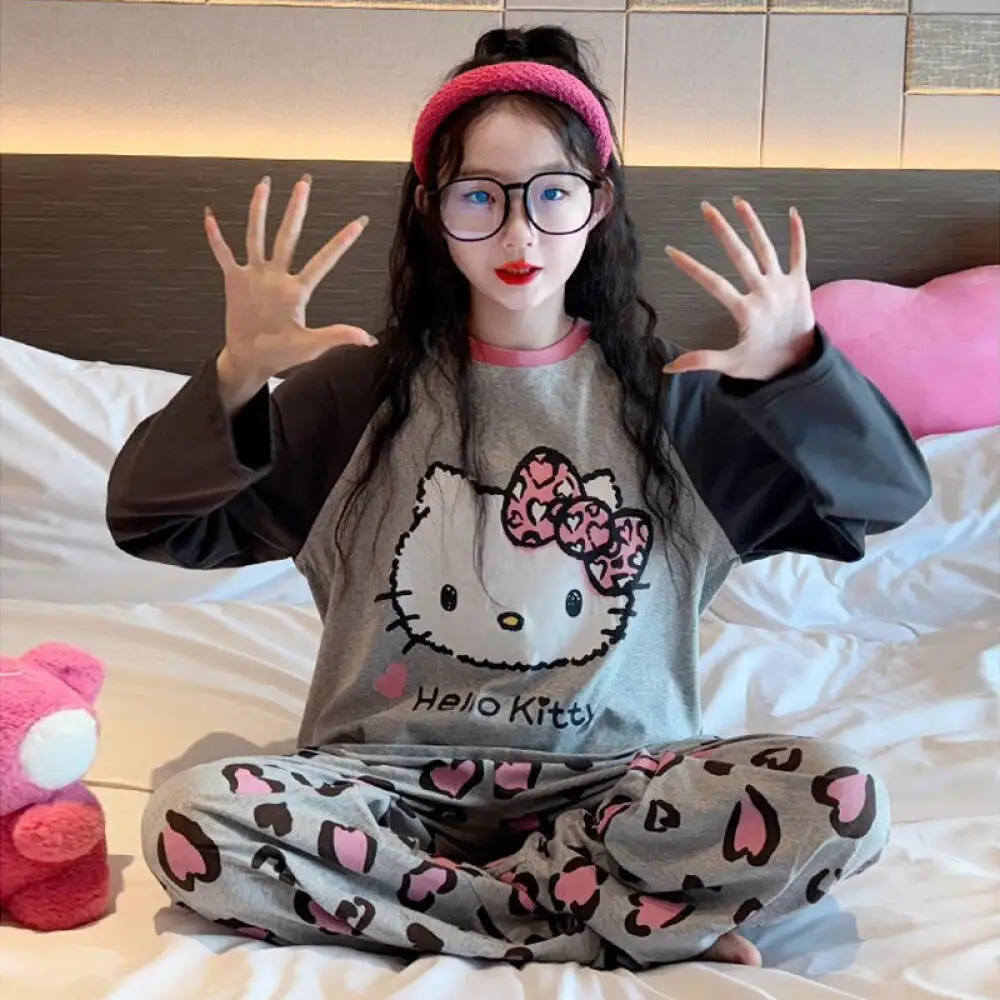 

Sanrio Hello Kitty Children's Pajamas Spring and Autumn New Long-Sleeved Home Clothes Set Girls Cartoon Air-Conditioned Clothes