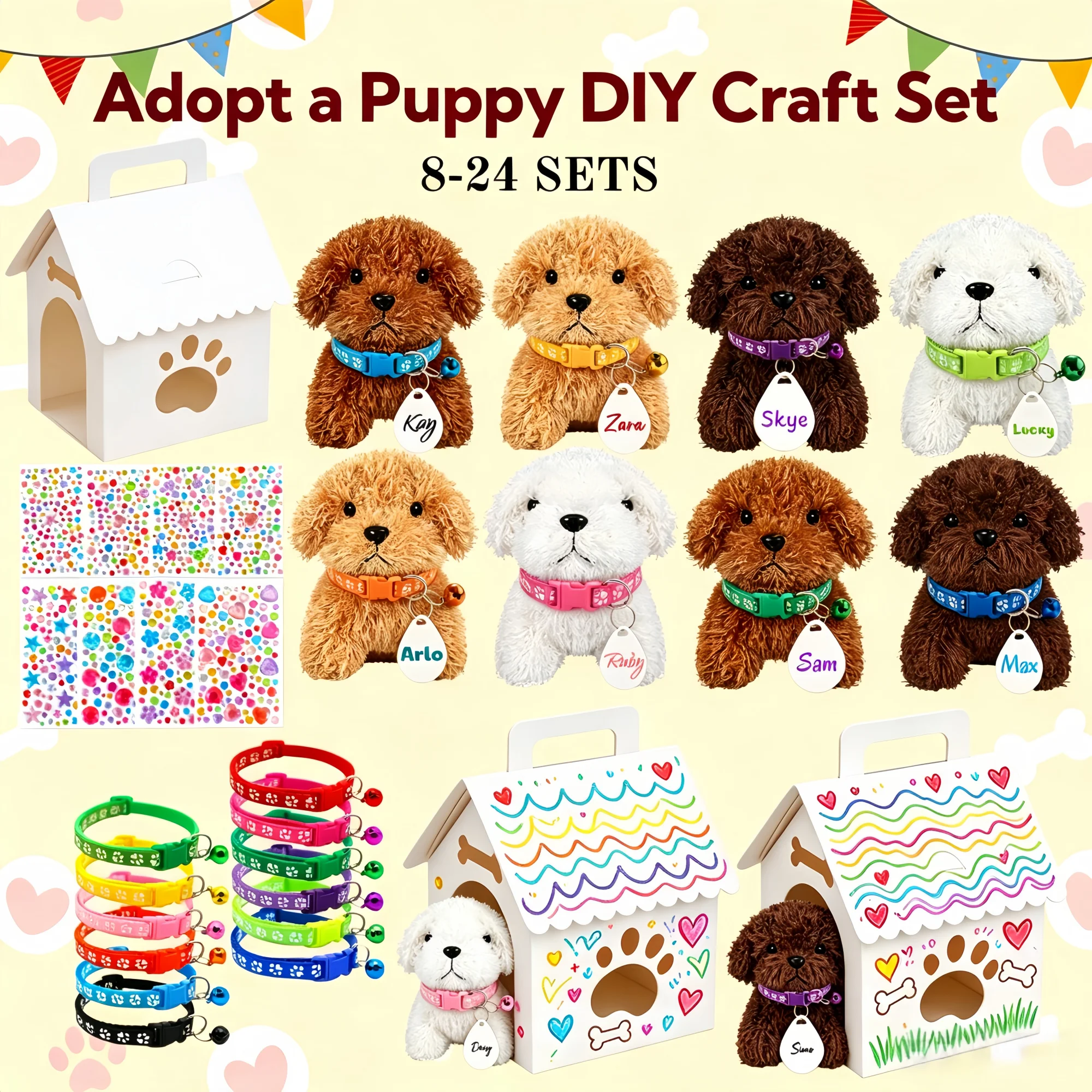 

8-24Set Adopt a Puppy Party Favors Teddy Dog Bulk Adjustable Dog Collars with Dog House for Toys Celebration Birthday Party Gift