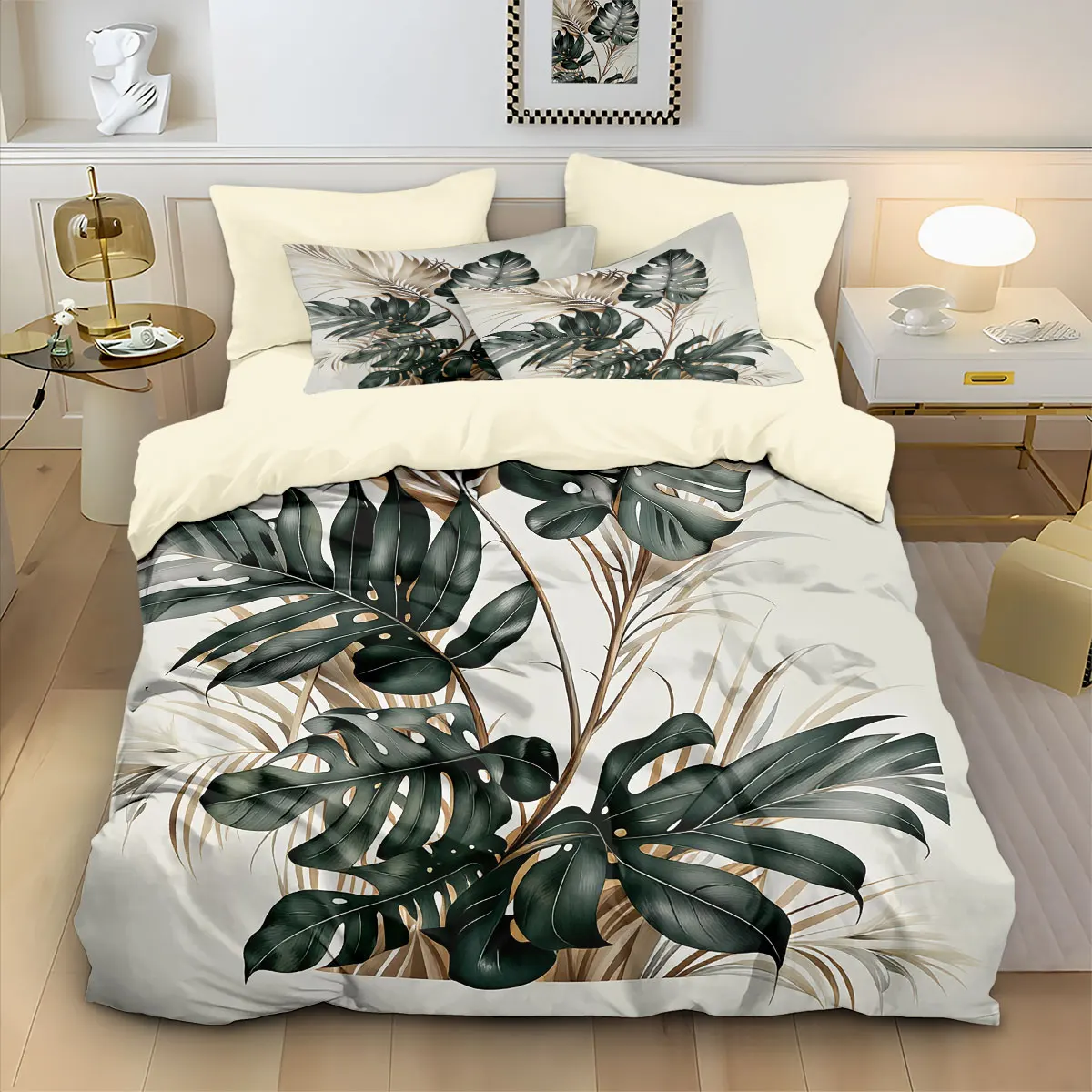 3pcs Plant Leaf Printed Coreless Down Duvet Cover Set, Multi Size Bedding Decoration, Machine Washable