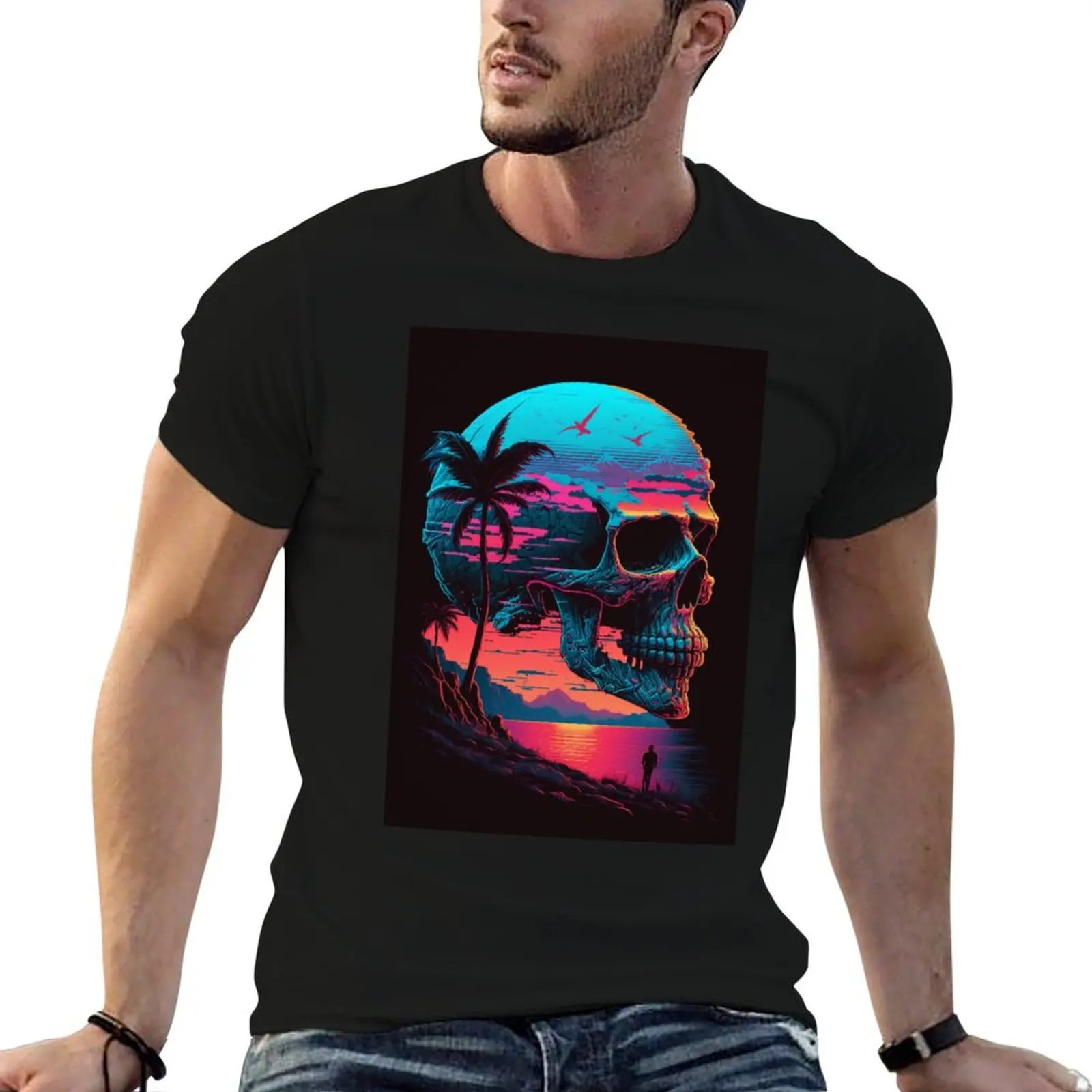 

Retro Cyberpunk Skull T-Shirt cotton tshirt 100% funny t shirts man T-Shirt