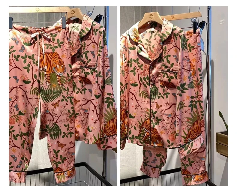 Pijama de seda de imitación de tigre de la selva para mujer, pantalones rosas de manga larga, ropa de dormir para exteriores, moda de dos piezas,