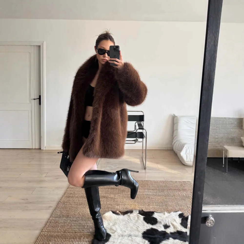 Women Mid Length Coats Faux Fox Fur Vintage Jackets Thick Warm Y2k Streetwear Turn Down Collar Elegant Work Outerwear Loose 2026