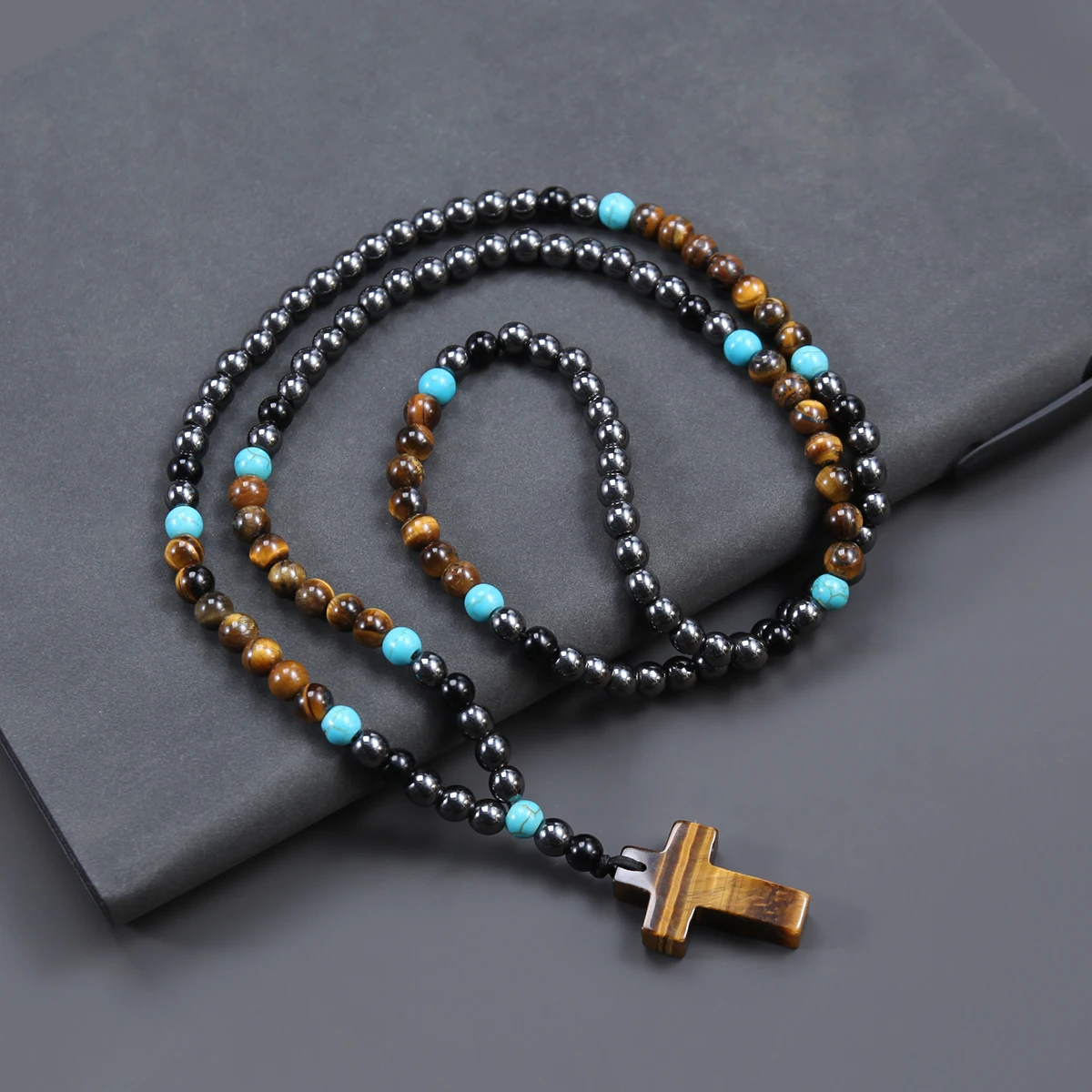 Boho Vintage 6mm Runde Perlen Hämatit Tigerauge Perlen Kreuz Anhänger Halskette für Männer und Frauen – Detail 1