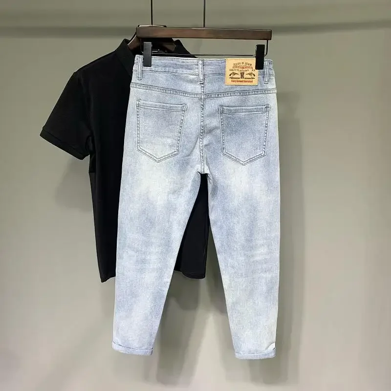 

Pop Fashion Men's Slim Denim Jeans For Spring Autumn Trendy Pencil Pants Korean Clothes Light Blue Denim Skinny Jeans For