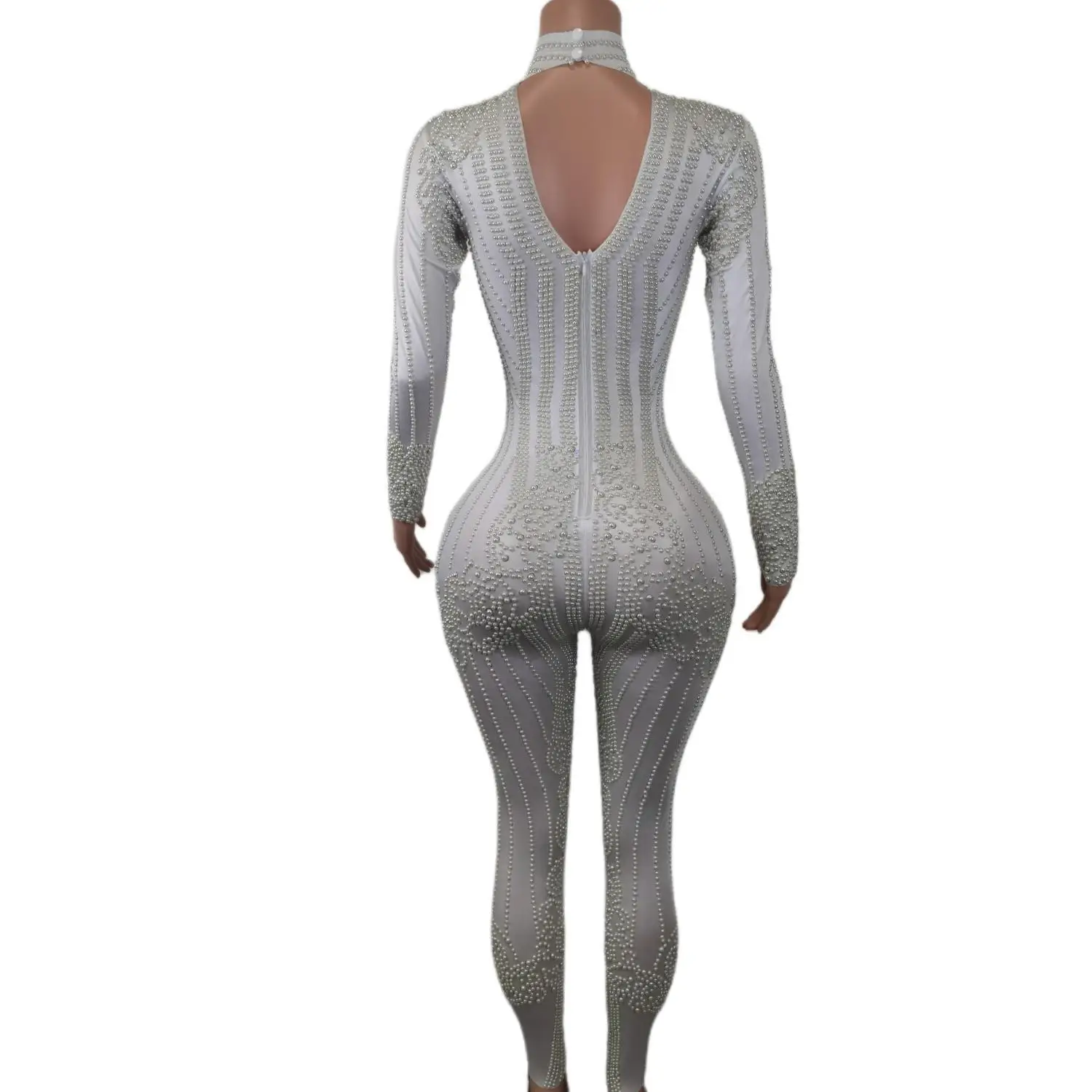 Fashion White Pearl Jumpsuit Women Sexy Bodysuit Women Pole Latin Dance Costume Stage Dancer DS Performance Show Wear Baigua