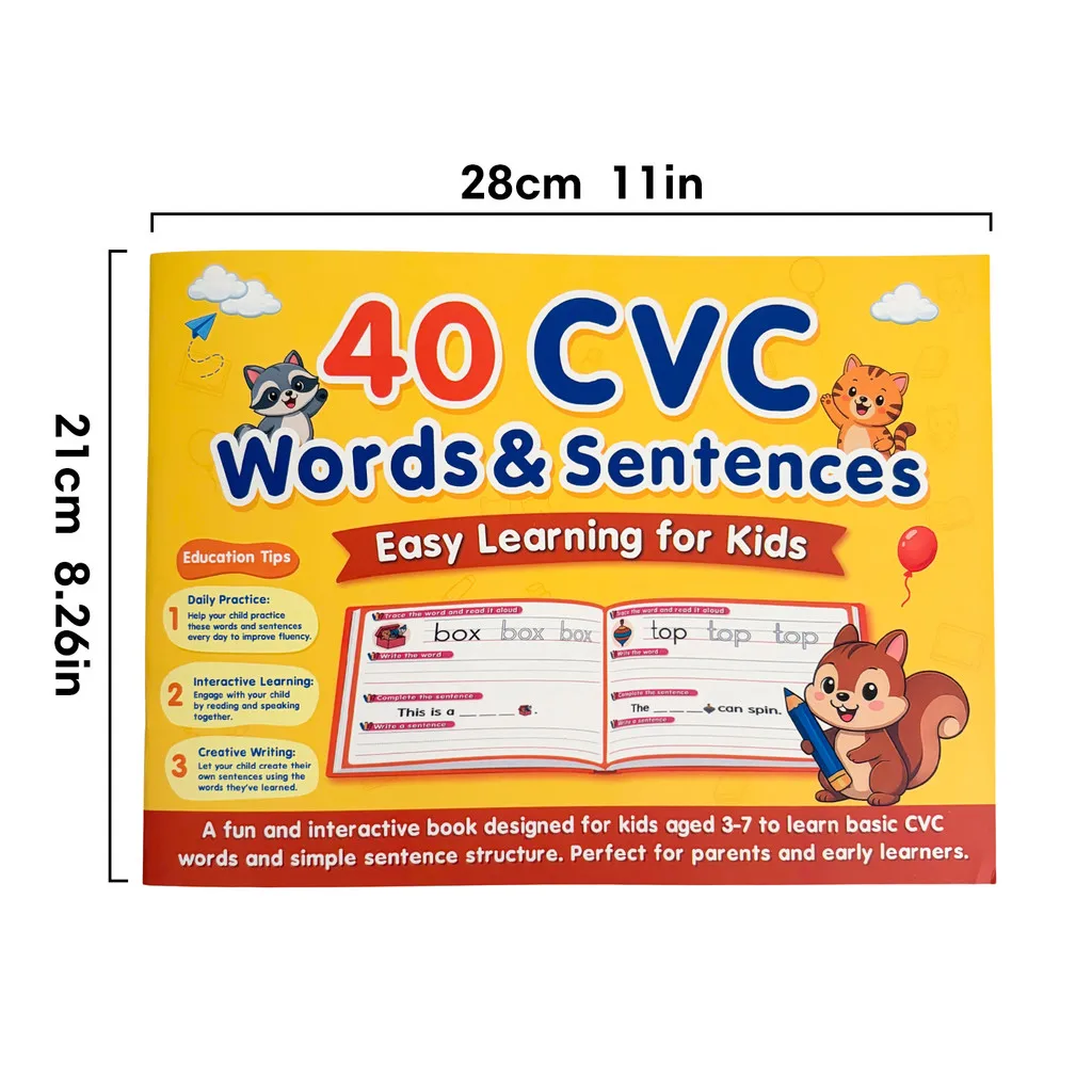 English Phonics CVC Words Sentences Building Workbook for Kids Preschool Early Education Tracing and Writing Practice Book