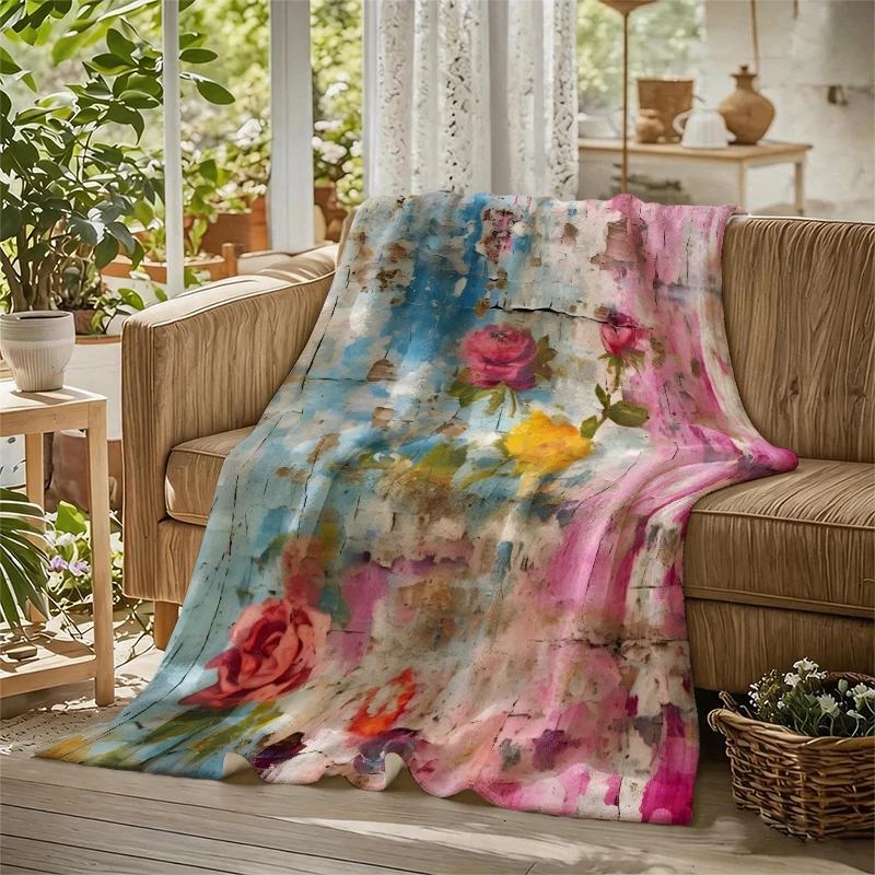 Pink Blue Cracked Roses Ultra-Soft Fluffy Flannel Blanket Super Cozy Lightweight Bed Blanket for Halloween Sofa Bed Christmas