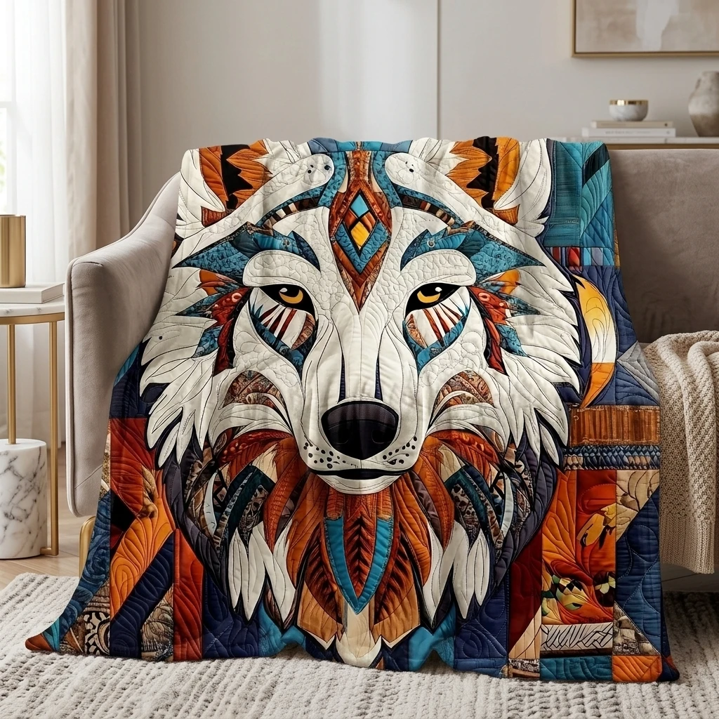 1PC Bohemian Aztec Wolf Portrait Thick Flannel Throw Blanket, Soft Warm Portable Throw, Perfect Gift for Adults Boys Girls