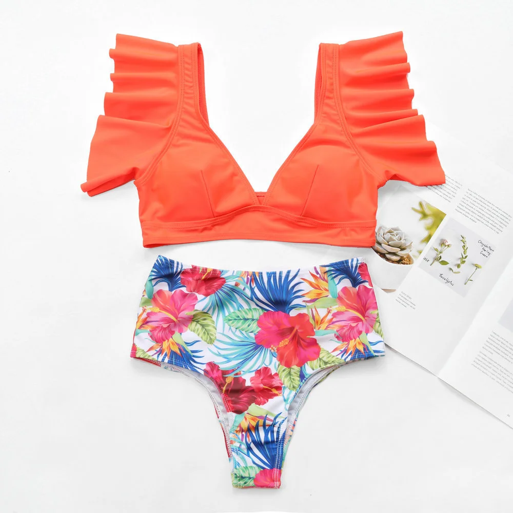 น่ารัก Ruffles Tankini เอวสูงบิกินี่ดอกไม้หรูหราชุดว่ายน้ํา Push Up ชุดว่ายน้ําฤดูร้อนชุดชายหาดชุดว่ายน้ําผู้หญิง Sexys ชุด