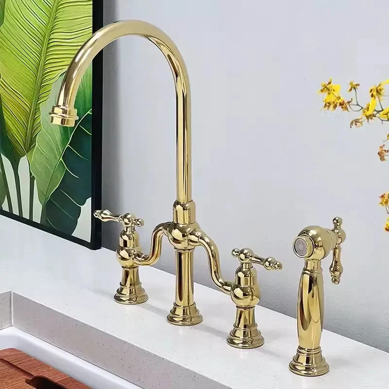  Pull Out Gold Kitchen Faucet Classical Deck Mounted Three Holes Black Hot Cold Top High Quality Sink Tap Rotation Spout