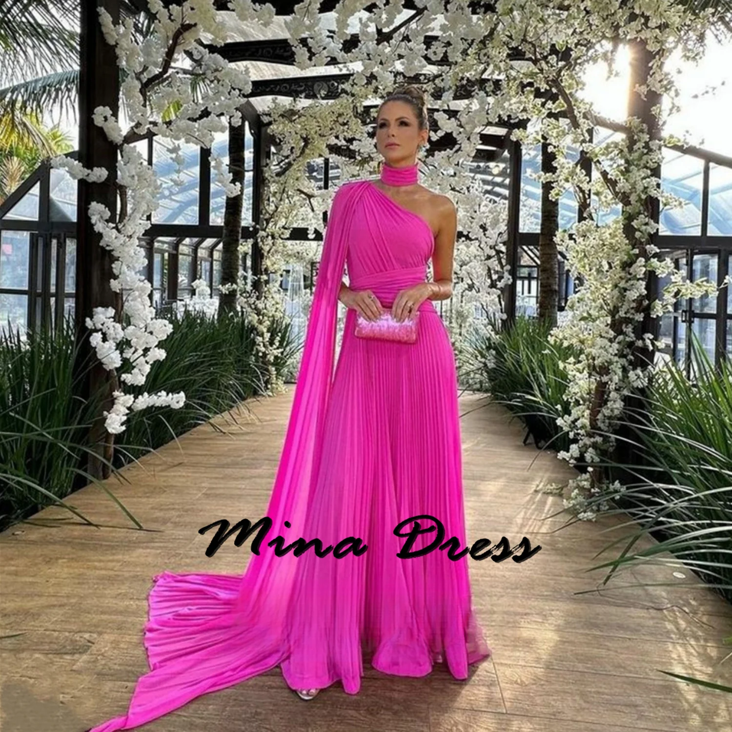 

Mina Chiffon Evening Dresses for Formal Occasions Shawl One Shoulder Party Dress for Wedding Guest Dress Women Line A Ball Gowns