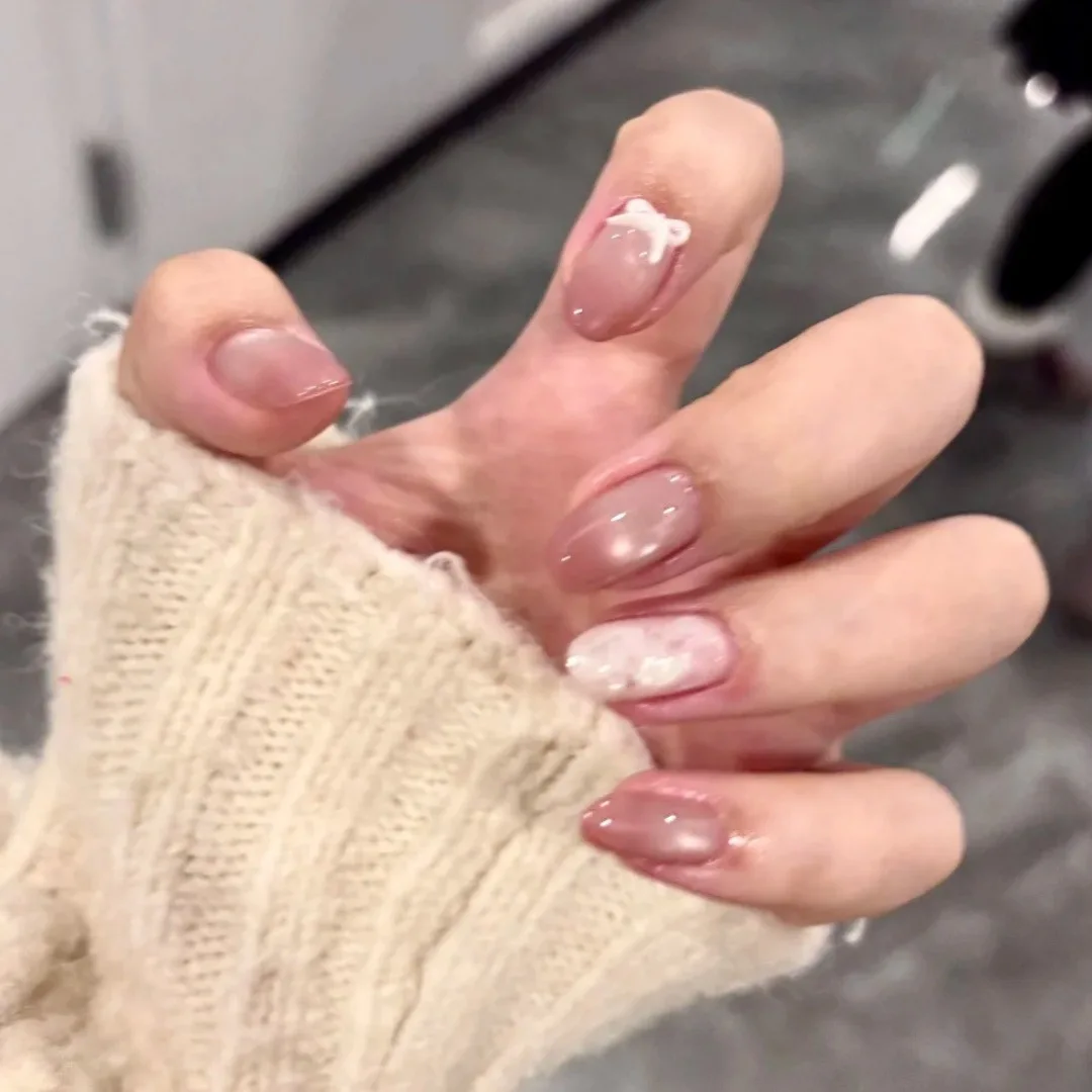 

10 шт., короткие овальные ногти ручной работы, блестящие телесные кошачьи глаза, градиентный бант, дизайн, милые, милые, накладные ногти, носимые ногти, художественный наконечник